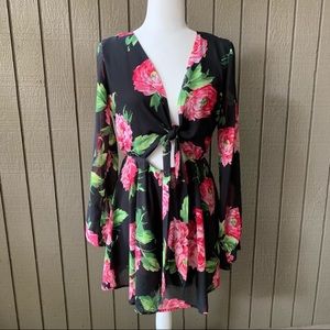 Zizell Black Floral Cutout Long Sleeve Dress Size Medium